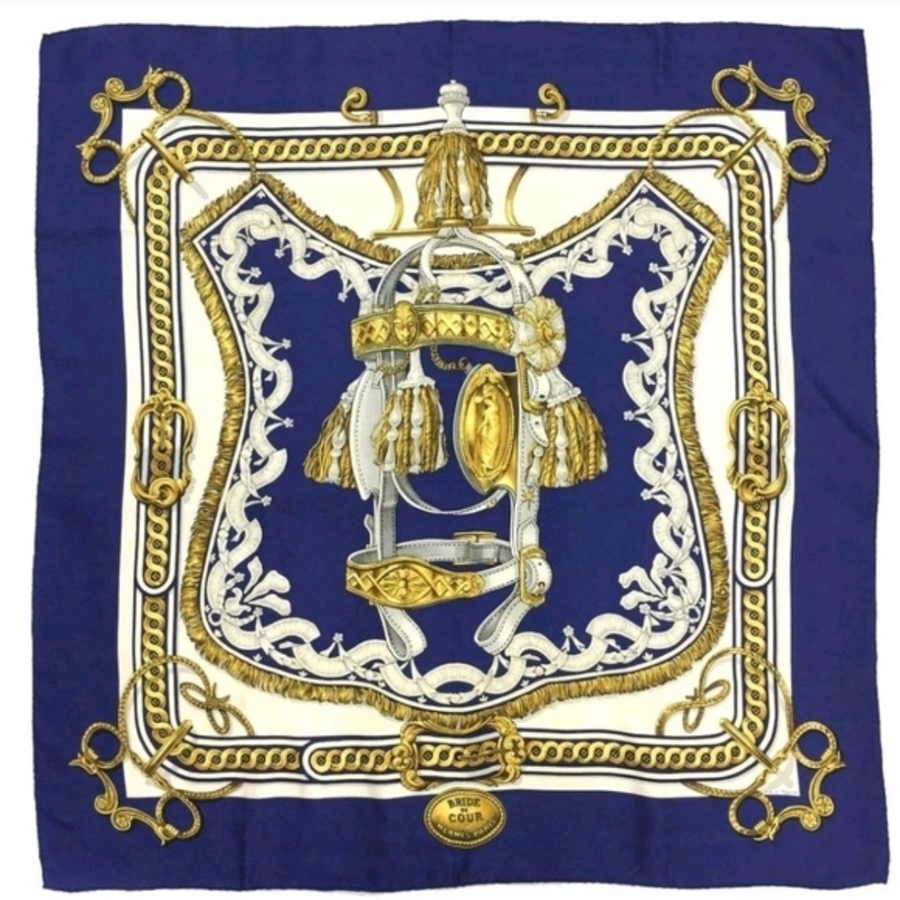 HERMÈS BRIDE DE COUR SILK SCARF CARRÉ 90 NAVY GOLD VINTAGE + HARD BOX - Picture 1 of 8